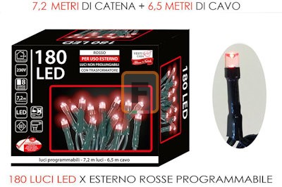 180 Led mini-lucciole, rosso, per esterno mt. 7,20+2 di cavo, programmabile