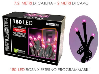 180 Led mini-lucciole, rosa, per esterno mt. 7,20+2 di cavo, programmabile