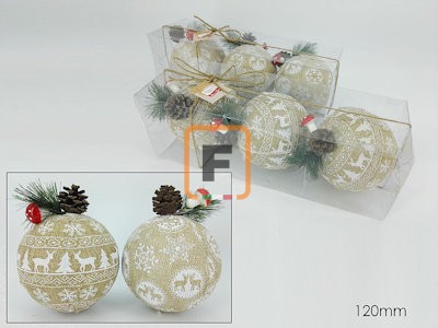 Palline di Natale in juta, 12 cm, conf. 3 pz, decorazione Bianca